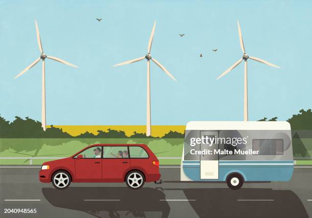 ilustraciones, imágenes clip art, dibujos animados e iconos de stock de family in car on vacation pulling camper trailer, driving past wind turbines in idyllic countryside - energia eolica familia