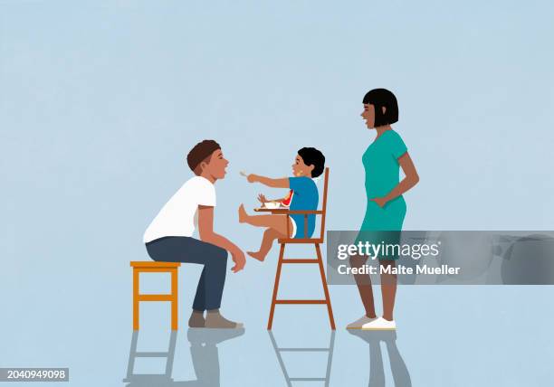 mother watching son in high chair feeding father - child eating stock illustrations