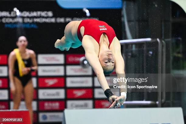 Julia Vincent dives during the Women's 3m springboard preliminary at World Aquatics Diving World Cup on February 29 at Montreal Olympic Stadium Pool...