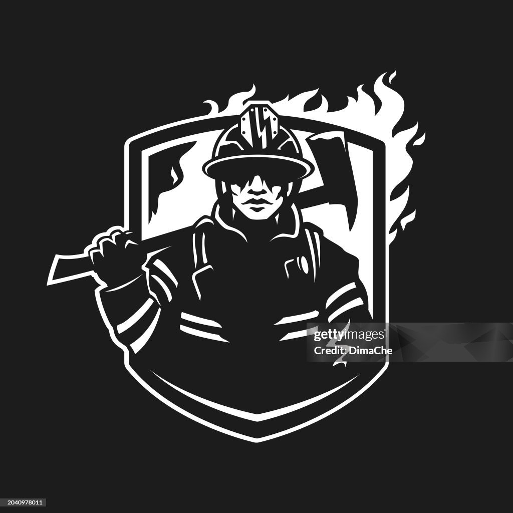 Firefighter, Fireman in Helmet with Axe on shield with fire - cut out vector silhouette