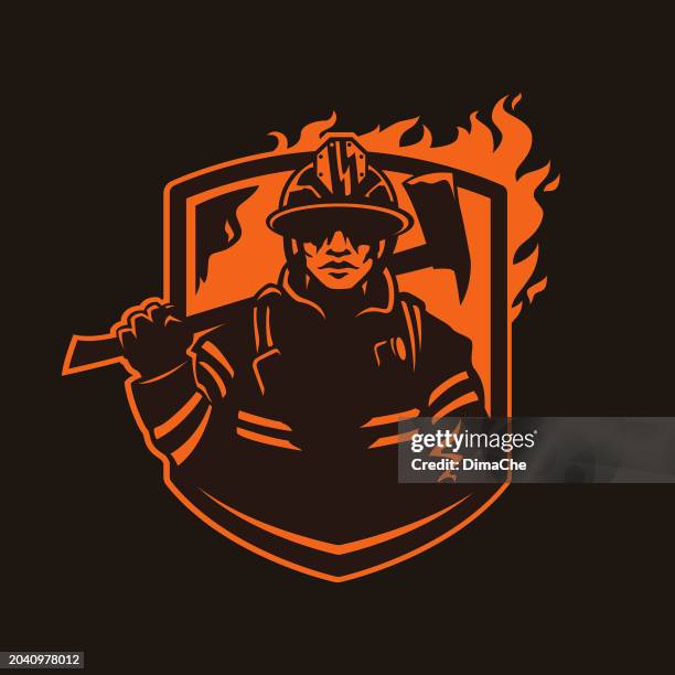 feuerwehrmann, feuerwehrmann mit helm mit axt auf schild mit feuer - ausgeschnittene vektorsilhouette - feuerwehrhelm stock-grafiken, -clipart, -cartoons und -symbole