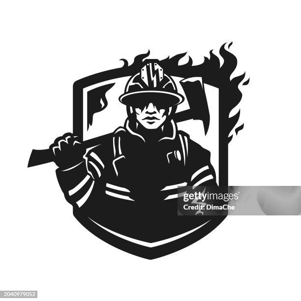 firefighter, fireman in helmet with axe on shield with fire - cut out vector silhouette - volunteer firefighter stock illustrations