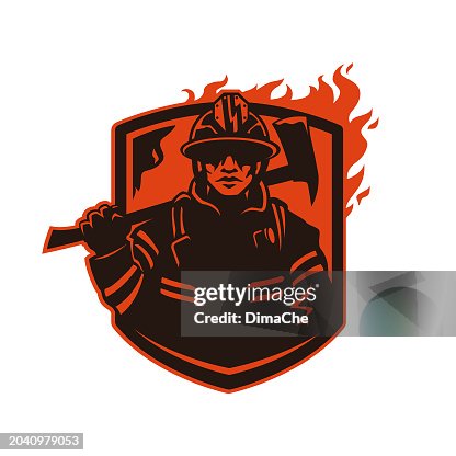 Bombero, bombero en casco con hacha - silueta vectorial recortada en escudo con fuego Bombero, bombero en casco con hacha - silueta vectorial recortada en escudo con fuego