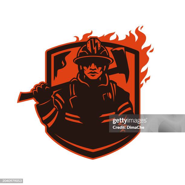 ilustraciones, imágenes clip art, dibujos animados e iconos de stock de bombero, bombero en casco con hacha - silueta vectorial recortada en escudo con fuego - trabajador de rescate