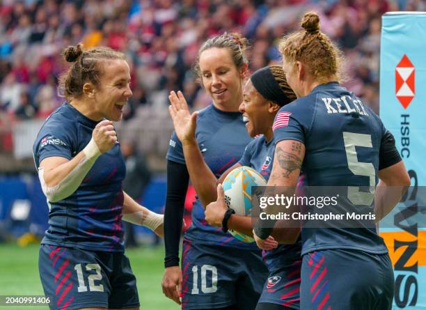 Kristi Kirshe , Steph Rovetti, Ariana Ramsey, and Alev Kelter of the USA celebrate a try against Fiji at the HSBC World Rugby Sevens Series at BC...