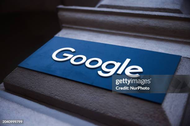 Google logo sign is seen outiside Google office in Krakow, Poland on February 29, 2024.