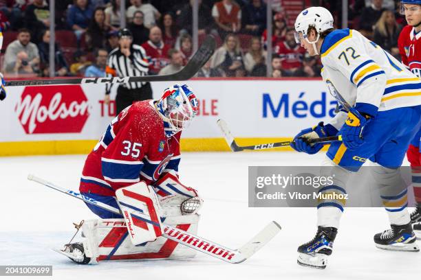 Sam Montembeault of the Montreal Canadiens makes a save during the second period of the NHL regular season game against the Buffalo Sabres at the...