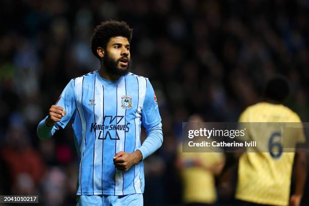 Ellis Simms of Coventry City celebrates scoring his team's second goal during the Emirates FA Cup Fifth Round match between Coventry City and...