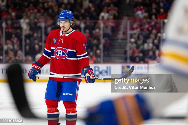 Arber Xhekaj of the Montreal Canadiens waits for the faceoff during the third period of the NHL regular season game against the Buffalo Sabres at the...