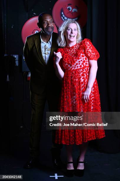 Sir Lenny Henry and Sara Pascoe backstage during Comic Relief Live at London Palladium on February 26, 2024 in London, England.