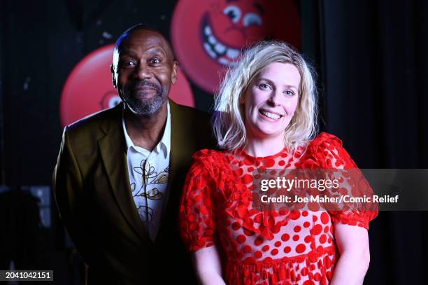 Sir Lenny Henry and Sara Pascoe backstage during Comic Relief Live at London Palladium on February 26, 2024 in London, England.