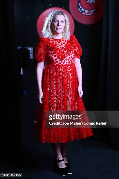 Sara Pascoe backstage during Comic Relief Live at London Palladium on February 26, 2024 in London, England.