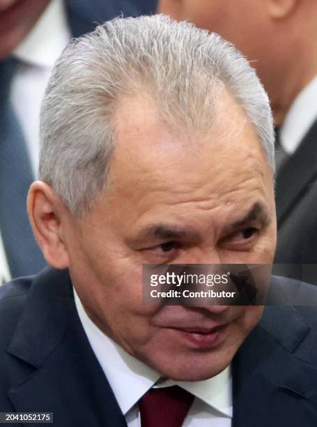 Russian Defence Minister Sergei Shoigu speaks prior to President Vladimir Putin's annual state of the nation address on February 29 in Moscow,...