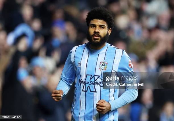 Ellis Simms of Coventry City celebrates scoring his team's third goal and his hat-trick during the Emirates FA Cup Fifth Round match between Coventry...