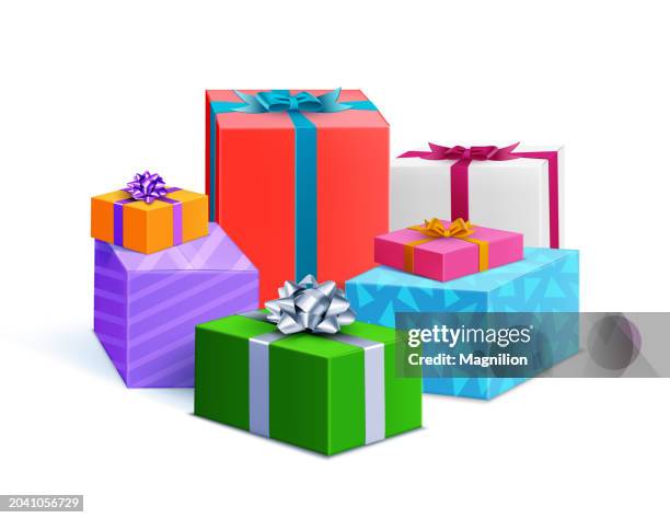 stapel von überraschungen, festliche geschenkboxen, berg von geschenkboxen - weihnachtsgeschenke stock-grafiken, -clipart, -cartoons und -symbole
