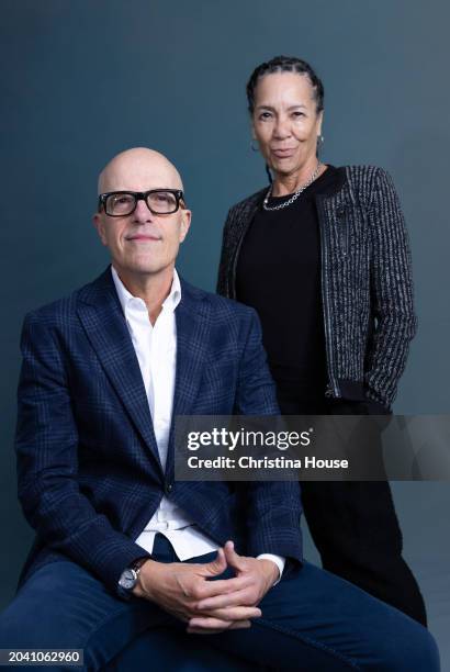 Board Presidents Donald DeLine and Stephanie Allain are photographed for Los Angeles Times on February 24, 2024 at Producers Guild of America...