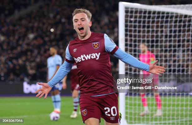 Jarrod Bowen of West Ham United celebrates after scoring their second goal during the Premier League match between West Ham United and Brentford FC...