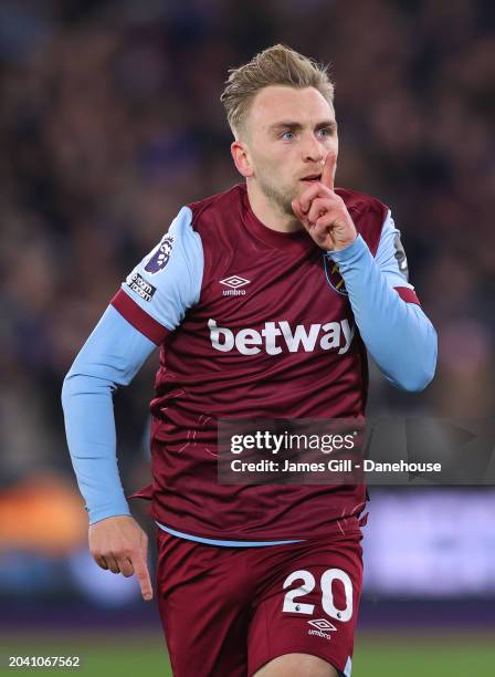 Jarrod Bowen of West Ham United celebrates after scoring their first goal during the Premier League match between West Ham United and Brentford FC at...