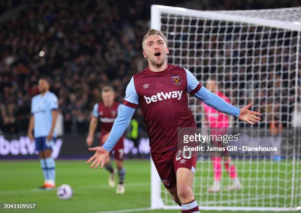 Jarrod Bowen of West Ham United celebrates after scoring their second goal during the Premier League match between West Ham United and Brentford FC...