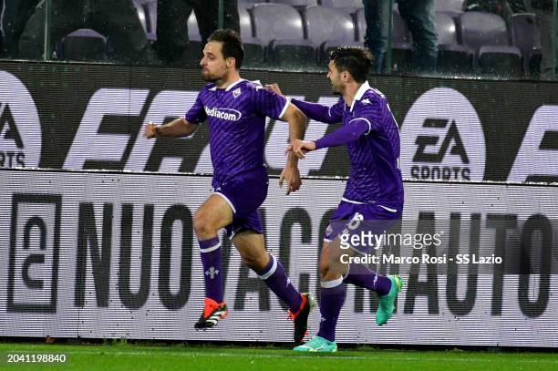 Giacomo Bonaventus of ACF Fiorentina celebrates a second goal during the Serie A TIM match between ACF Fiorentina and SS Lazio at Stadio Artemio...