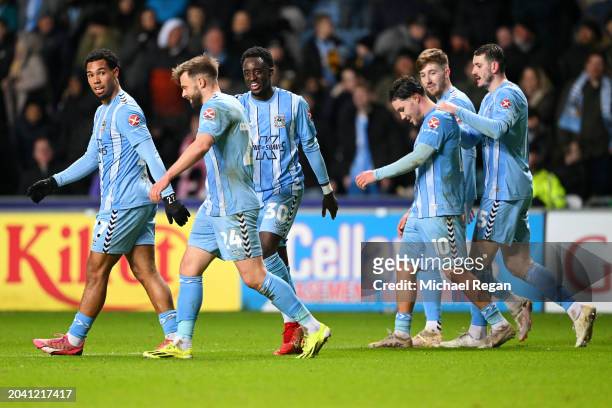 Fabio Tavares of Coventry City celebrates scoring his team's fifth goal with team mates during the Emirates FA Cup Fifth Round match between Coventry...