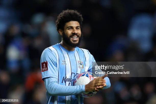 Ellis Simms of Coventry City smiles as he is seen with the match ball at full-time after his hat-trick in the Emirates FA Cup Fifth Round match...