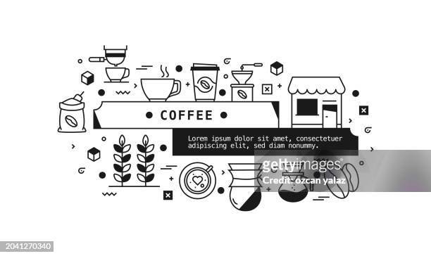 coffee related vector banner design concept. global multi-sphere ready-to-use template. web banner, website header, magazine, mobile application etc. modern design. - drinking milk stock illustrations