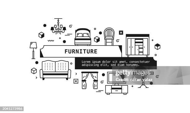 furniture related vector banner design concept. global multi-sphere ready-to-use template. web banner, website header, magazine, mobile application etc. modern design. - empty shelf kitchen stock illustrations