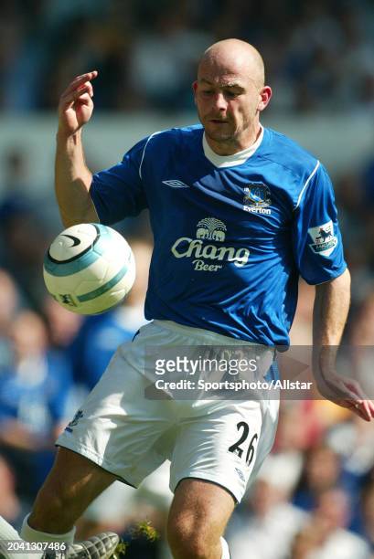 Lee Carsley of Everton on the ball during the Premier League match between Everton and Arsenal at Goodison Park on August 15, 2004 in Liverpool,...