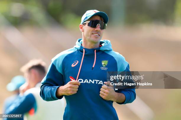 Pat Cummins of Australia warms up during a nets session ahead of the First Test in the series between New Zealand and Australia at Basin Reserve on...
