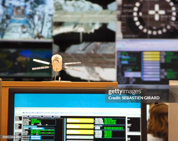 Picture taken on April 3 shows a model of the ATV displayed on a control screen at the control room of the National Centre for Space Studies in...