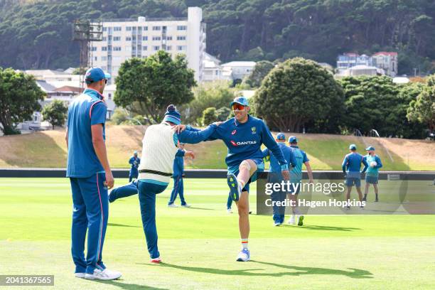 Scott Boland of Australia warms up during a nets session ahead of the First Test in the series between New Zealand and Australia at Basin Reserve on...