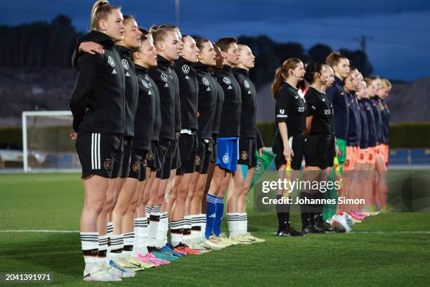 Players of Germany sing the national anthem prior to the U19 Women's Netherlands v U19 Women's Germany - International Friendly on February 24, 2024...