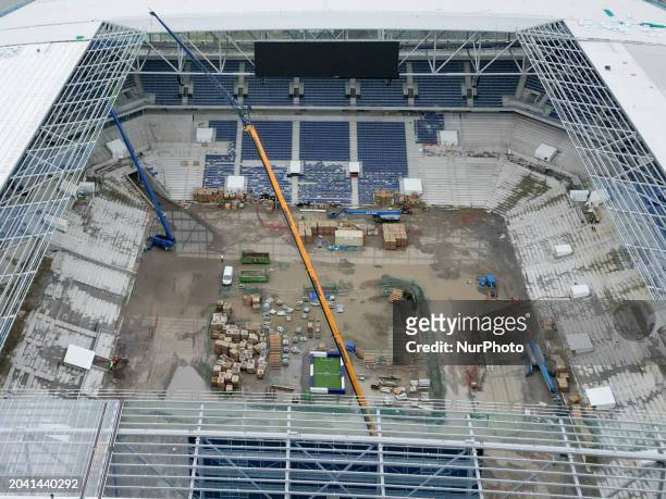 An aerial view shows the construction of the new stadium for Everton FC in Liverpool, United Kingdom, on February 29, 2024.