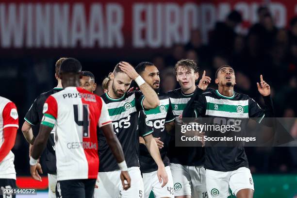 Laros Duarte of FC Groningen celebrates 0-1 with Leandro Bacuna of FC Groningen, Romano Postema of FC Groningen, Thom van Bergen of FC Groningen,...