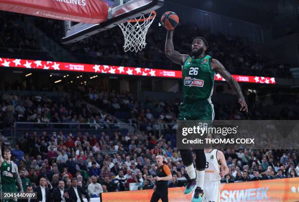 Panathinaikos Athens' French center Mathias Lessort dunks the ball during the Euroleague basketball match between Real Madrid Baloncesto and...