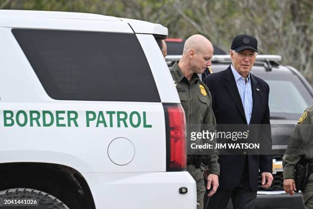 President Joe Biden walks with Jason Owens , Chief of US Border Patrol, as he visits the US-Mexico border in Brownsville, Texas, on February 29, 2024.