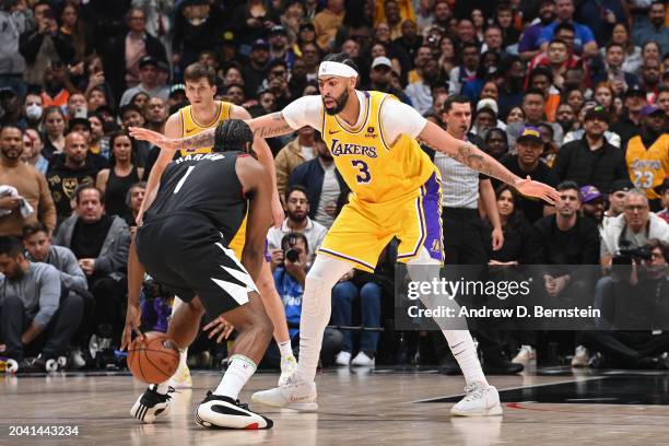 Anthony Davis of the Los Angeles Lakers plays defense against the LA Clippers on February 28, 2024 at Crypto.Com Arena in Los Angeles, California....