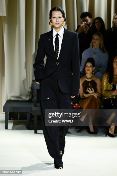 Model on the runway at Schiaparelli RTW Fall 2024 as part of Paris Ready to Wear Fashion Week held at Pavillon Vendôme on February 29, 2024 in Paris,...