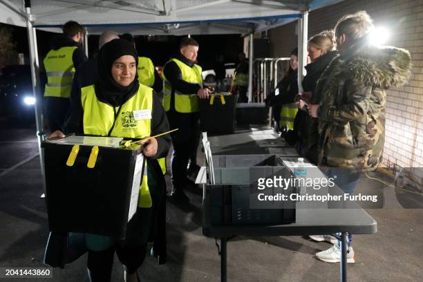 Ballot boxes are secured as polls close in the Rochdale by-election on February 29, 2024 in Rochdale, England. The Rochdale by-election takes place...