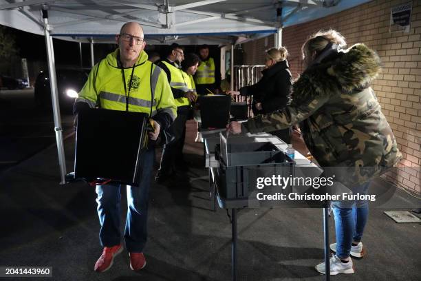 Ballot boxes are secured as polls close in the Rochdale by-election on February 29, 2024 in Rochdale, England. The Rochdale by-election takes place...