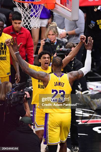 LeBron James of the Los Angeles Lakers celebrates during the game against the LA Clippers on February 28, 2024 at Crypto.Com Arena in Los Angeles,...