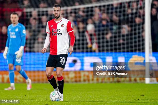 David Hancko of Feyenoord stands with the ball during the TOTO KNVB Cup Semi Final match between Feyenoord and FC Groningen at Stadion Feyenoord on...