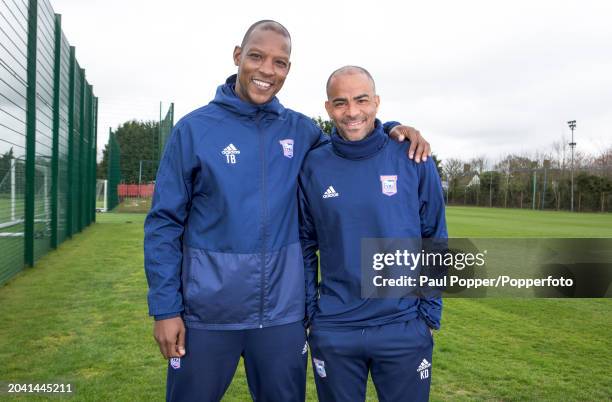 Ipswich Town academy coaches and former teammates Titus Bramble with Kieron Dyer at the training ground on April 3, 2019 in Ipswich, England.