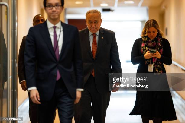 Senate Majority Leader Chuck Schumer, a Democrat from New York, center, at the US Capitol in Washington, DC, US, on Thursday, Feb. 29, 2024. The...