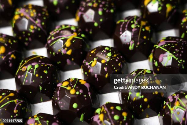 Photograph taken on February 14, 2024 shows the vegan chocolates created in honour of the movie "Killers of the Flower Moon" by Chocolatier and owner...