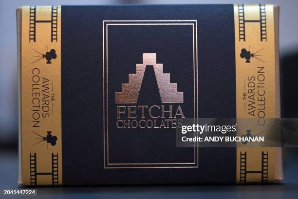 Photograph taken on February 14, 2024 shows the box containing the vegan chocolates made by Chocolatier and owner of Fetcha Chocolates, Fiona...