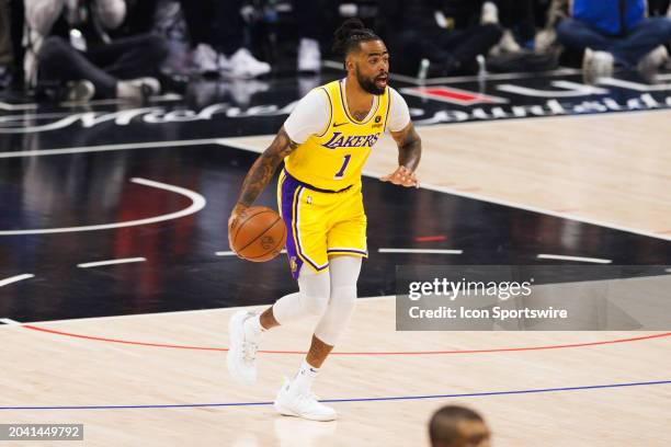 Los Angeles Lakers guard D'Angelo Russell dribbles during an NBA basketball game against the LA Clippers on February 28, 2024 at Crypto.com Arena in...