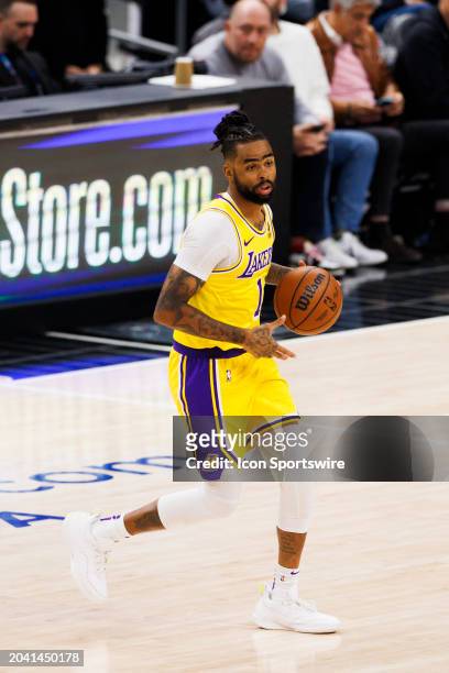 Los Angeles Lakers guard D'Angelo Russell dribbles during an NBA basketball game against the LA Clippers on February 28, 2024 at Crypto.com Arena in...