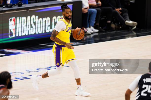 Los Angeles Lakers guard D'Angelo Russell dribbles during an NBA basketball game against the LA Clippers on February 28, 2024 at Crypto.com Arena in...